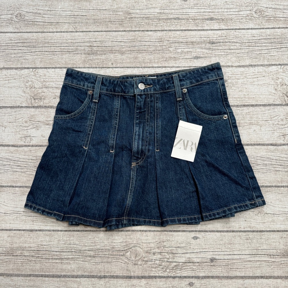 NEW Zara Pleated Skirt Women's Medium Blue Dark Wash Cotton Skater Medium Wash